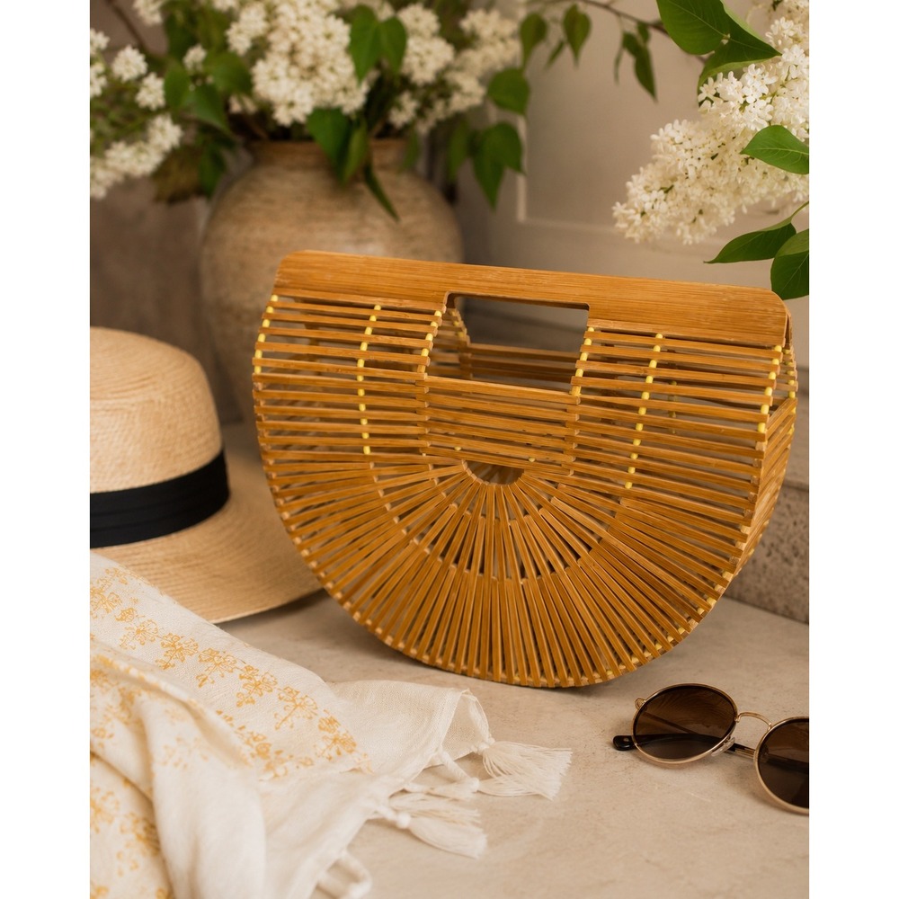Vintage Bamboo Slat Bag Half Moon Ark Clutch Natural Wood Made in Taiwan